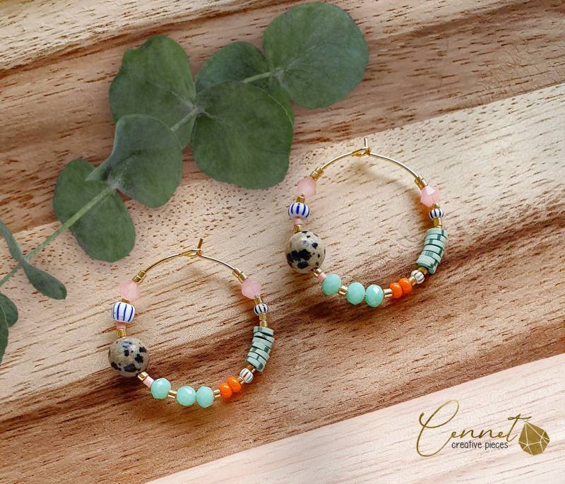 Dancing Beads | Design Creolen Ohrringe Miyuki Preciosa Dalmatiner Jaspis Ohrhänger Futuristisch Rocailles Echt 18 K Vergoldet von cennetcreative