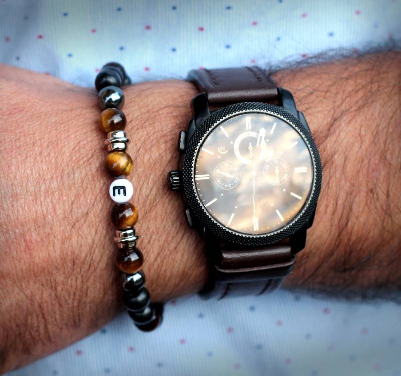 Herren Armband Surfer/Perlen Buchstaben Personalisierbar Tigerauge Hämatit Geburtstag Holzperlen Geschenkidee Männer von cennetcreative