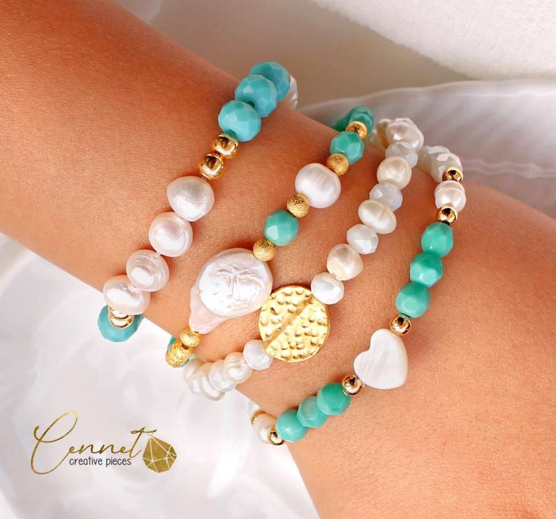 Lagoon Pearls | Armband Barockperlen Süßwasserperlen Keshi Vergoldet Türkis Grün Gold Armcandy Perlmutt Aqua von cennetcreative