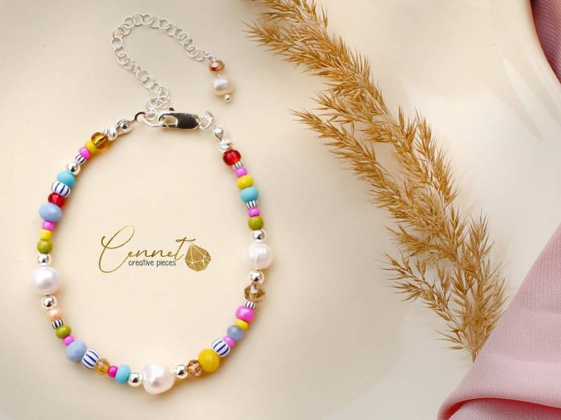 Silky Silver Pearls | Armband Rhodiniert Barockperlen Süßwasserperle Seed Beads Rocailles 925 Sterling Silber Bunt Pink von cennetcreative