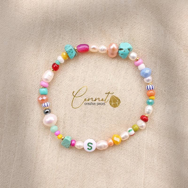 Türkis & Pop | Armband Barockperlen Süßwasserperlen Tükis Nuggets Pink Perlen Rocailles Bunt Gestreift Personalisierbar von cennetcreative
