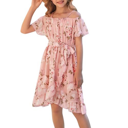 cenozo Lässig Kleider für Mädchen,Chiffon Blumenkleid Schulterfrei Sommerkleid mit Verstellbarem Riemen,Freizeit mit Rüschenärmel Ärmeln für Mädchen im Alter von 6 bis 14 Jahren von cenozo