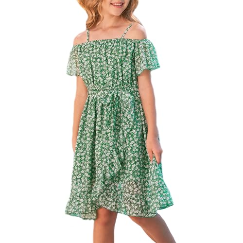 cenozo Lässig Kleider für Mädchen,Chiffon Blumenkleid Schulterfrei Sommerkleid mit Verstellbarem Riemen,Freizeit mit Rüschenärmel Ärmeln für Mädchen im Alter von 6 bis 14 Jahren von cenozo