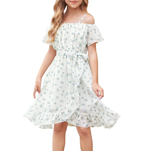 cenozo Lässig Kleider für Mädchen,Chiffon Blumenkleid Schulterfrei Sommerkleid mit Verstellbarem Riemen,Freizeit mit Rüschenärmel Ärmeln für Mädchen im Alter von 6 bis 14 Jahren von cenozo