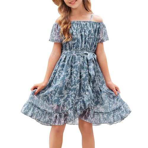 cenozo Lässig Kleider für Mädchen,Chiffon Blumenkleid Schulterfrei Sommerkleid mit Verstellbarem Riemen,Freizeit mit Rüschenärmel Ärmeln für Mädchen im Alter von 6 bis 14 Jahren von cenozo