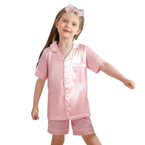 cenozo Schlafanzug Mädchen Jungen Seiden Set mit Stirnband Knöpfe Pyjama Schlafanzug Nachtwäsche Loungekleidung Kleidungsset von cenozo