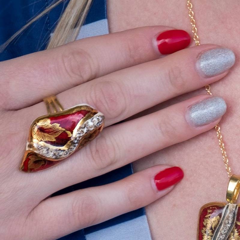 Keramik Rot Und Gold Unikat Handgefertigter Ring Unikat von ceramicOZ