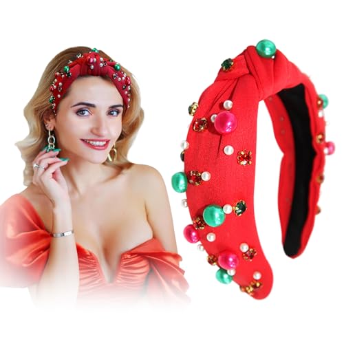 Weihnachts-Stirnbänder für Damen, Perlen, rot, grün, Perlen, Strass, Kristall, Schmucksteine, Haarbänder für Damen, modisch, elegant, breiter Knoten, Haarbänder (Rot, M) von ceyfey