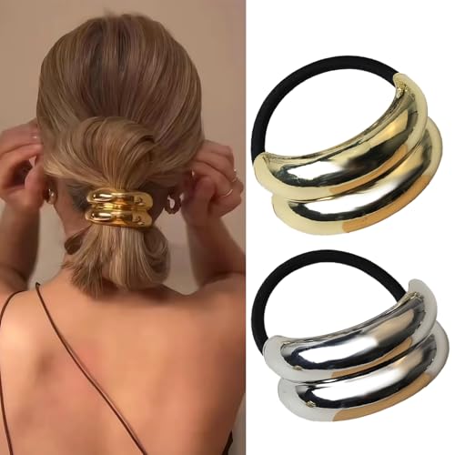 ceyfey Metall-Haargummi, Pferdeschwanz-Haarband, modische Ellipse, elastisches Haarband, goldene Haarmanschette, goldene Pferdeschwanz-Manschette, goldene Haargummis, Metall-Haargummis für Frauen von ceyfey