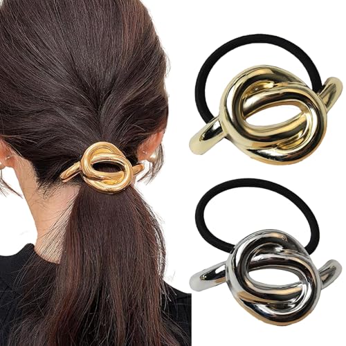 ceyfey Metall-Haargummi, Pferdeschwanz-Haarband, modische Ellipse, elastisches Haarband, goldfarbene Pferdeschwanz-Manschette, goldene Haargummis, Metall-Haargummis für Frauen (Gold und Silber F) von ceyfey
