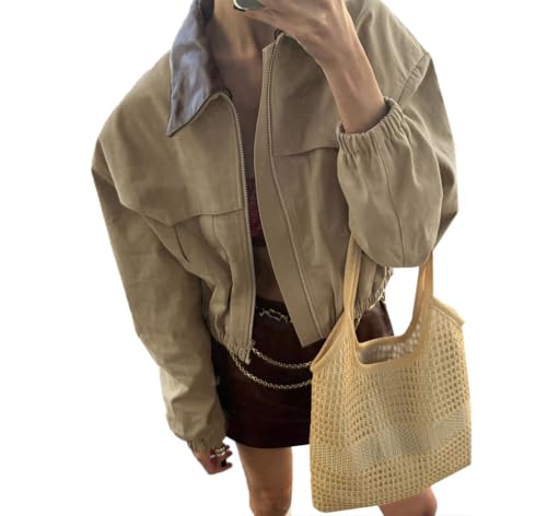 cffdviz Damenkragen Langarm Jacke Vintage Herbstkleidung Lässige Reißverschluss-Pulloverjacke,Khaki,S von cffdviz