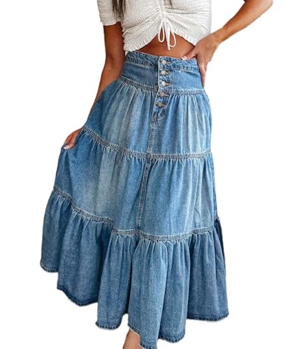 cffvdiz Boho Frauen Lange Jeansrock Vorder-Knopf Hohe Taille Geschichtete Patchwork Kuchen A-Linie Maxi Jean Röcke,Blau,S von cffvdiz
