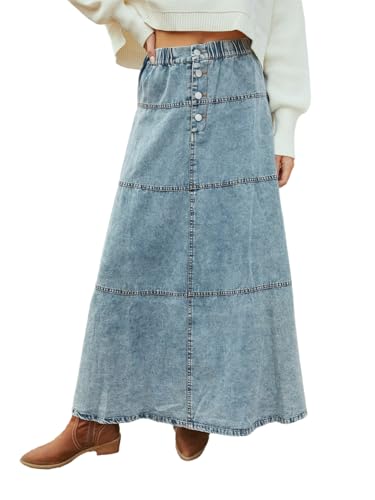 cffvdiz Boho Layered Patchwork Lange Denim Rock Elastische Taille Vordere Knopf Kuchen A-Linie Maxi Jean Röcke,Blau,S von cffvdiz