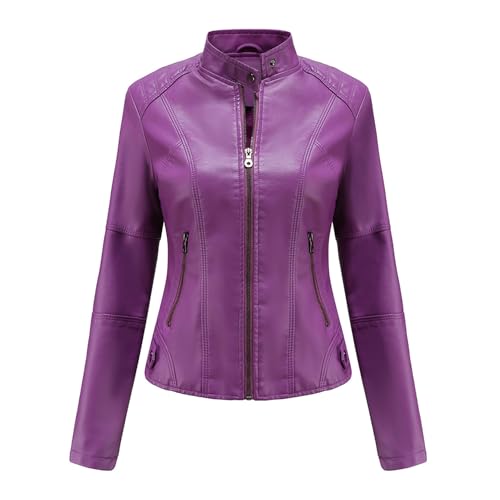cffvdiz Damen Classic Slim Fit Full Zip PU Kunstleder Jacke Mit Reißverschluss-Taschen,Lila,3XL von cffvdiz