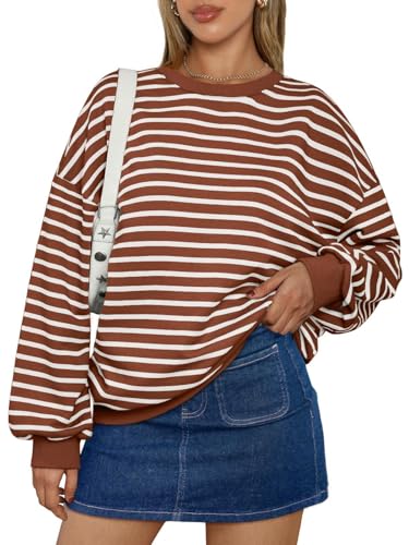 cffvdiz Damen Crewneck Loose Fit Gestreifte Sweatshirt Raglan Ärmel Oversized Trendy Gemütliche 2024 Herbst Pullover Tops,Braun,M von cffvdiz