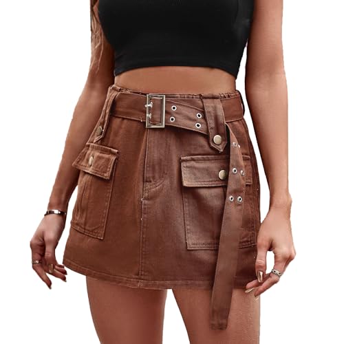 cffvdiz Damen Denim Cargorock Elastische Taille Bodycon Mini Y2K Jeans Röcke Mit Gürtel,Braun,S von cffvdiz