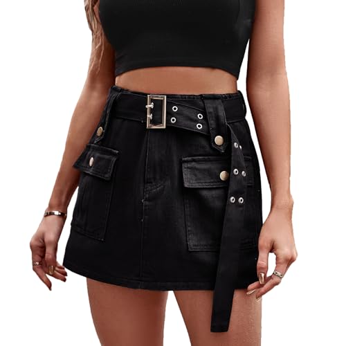 cffvdiz Damen Denim Cargorock Elastische Taille Bodycon Mini Y2K Jeans Röcke Mit Gürtel,Schwarz,S von cffvdiz