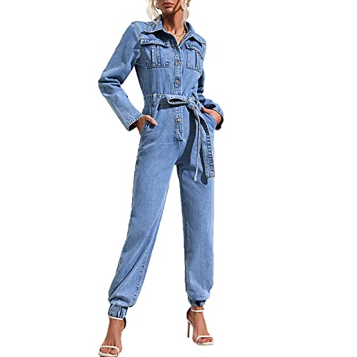 cffvdiz Damen Distressed Denim Jumpsuit Casual Langarm Knöpfe Unten Jean Denim Jumpsuit Strampler,Blau,M von cffvdiz