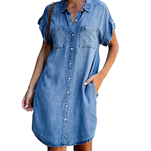 cffvdiz Damen Jeanshemd Kleid Langarm Button Down Casual Jeanskleid,Short Sleeve,3XL von cffvdiz