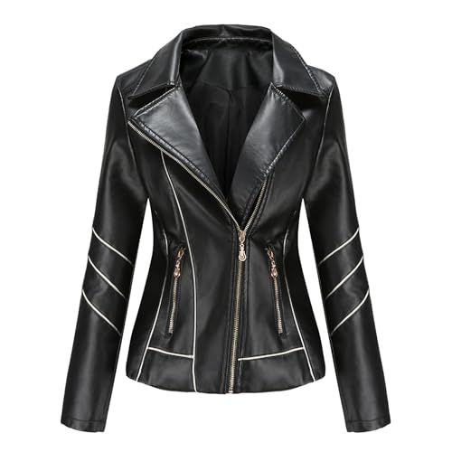 cffvdiz Damen Kunstleder Jacke Kurz Zip Up Patchwork Motorrad Moto Biker Kurzmantel,Schwarz,XXL von cffvdiz