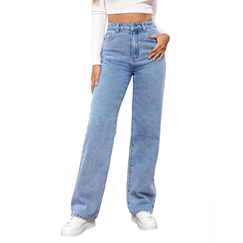 cffvdiz Damen Lose Gerade Bein Jeans Hohe Taille Bauch Kontrolle Casual Denim Hosen,Light Blue,XL von cffvdiz