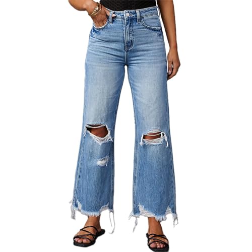 cffvdiz Damen Ripped Bell Bottom Jeans High-Rise Distressed Raw Edge Saum Freund Wide Leg Denim Hosen,Blau,XL von cffvdiz