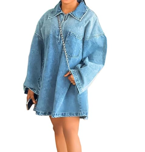 cffvdiz Damen Vintage Distressed Lose Denim Kleider Sommer Langarm Pullover Kurze Jean Kleid,Light Blue,XXL von cffvdiz