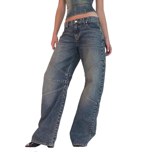 cffvdiz Dark Blue,M, Frauen Baggy Barrel Jeans Mid Rise Vintage Gefallene Gerade Breite Bein Denim Hosen von cffvdiz