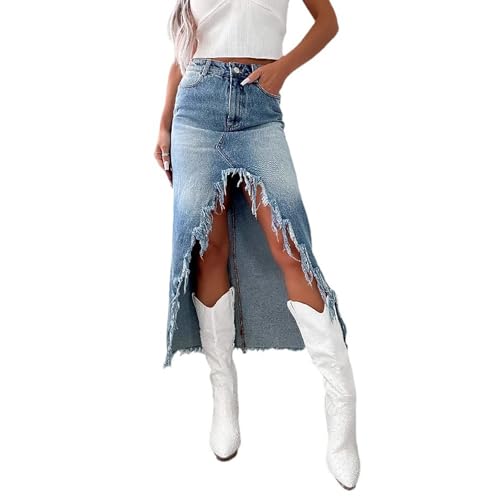 cffvdiz Distressed Schlitz Lange Denim Rock Ausgefranst Rand Hight Taille Unregelmäßige Midlength Jean Röcke Mit Taschen,Blau,M von cffvdiz