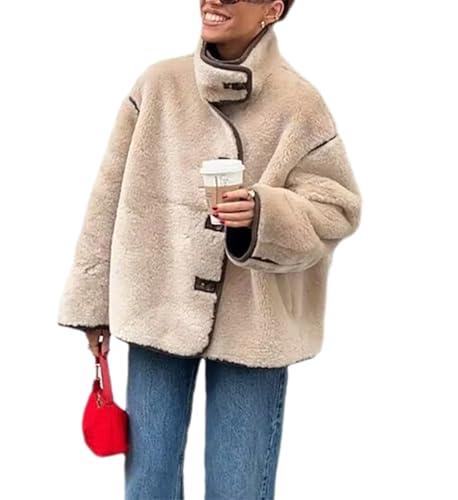 cffvdiz Fleece Jacke Für Frauen Fuzzy Langarm Knopf Up Lose Dicke Warm Sherpa Mantel Outwear,Beige,M von cffvdiz