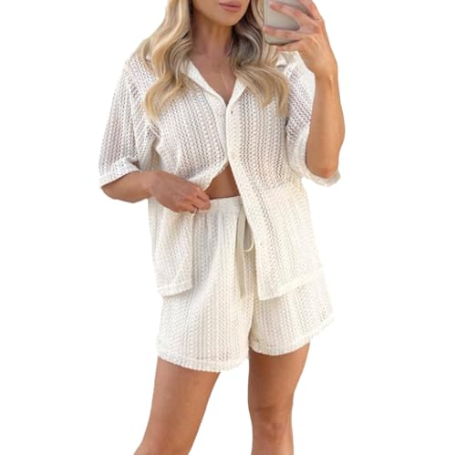 cffvdiz Frauen 2 Stück Outfits Kurzarm Button Down Shirt Und Shorts Sommer Häkeln Bikini Coverup Set,Weiß,L von cffvdiz