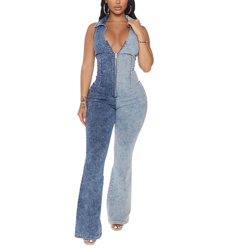 cffvdiz Frauen Ärmellose Zip Up Denim Jumpsuit Farbblock Patchwork Stretch Straight Leg Jean Jumpsuit Strampler,Blau,M von cffvdiz