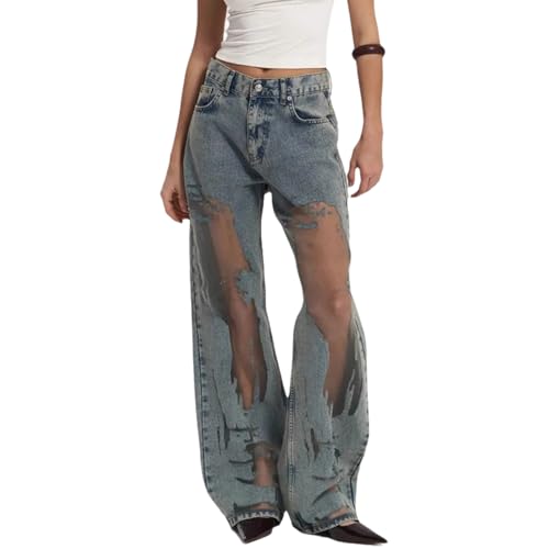 cffvdiz Frauen Baggy Vintage Wide Leg Jeans Distressed Ausgehöhlt Texturierte Y2K Straight Boyfried Denim Hosen,Blau,S von cffvdiz