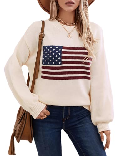 cffvdiz Frauen Crewneck Amerikanische Flagge Pullover Langarm Lose Gestreifte USA Strick Pullover Tops Herbst 2024,Apricot,L von cffvdiz