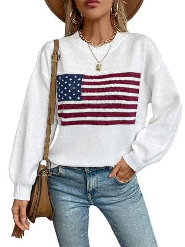 cffvdiz Frauen Crewneck Amerikanische Flagge Pullover Langarm Lose Gestreifte USA Strick Pullover Tops Herbst 2024,Weiß,M von cffvdiz
