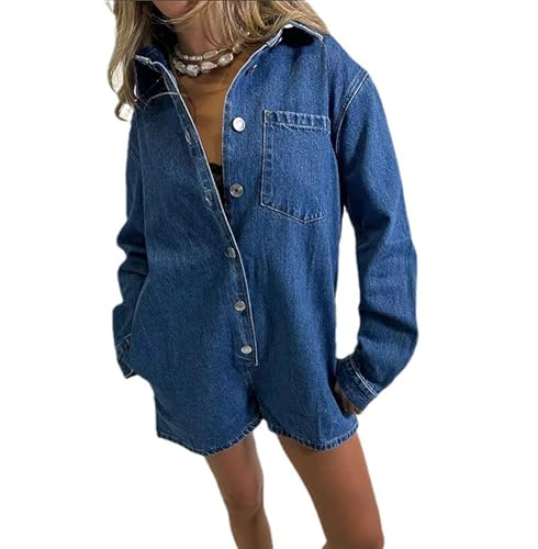 cffvdiz Frauen Preppy Langarm Denim Strampler Knopf Vorne Revers Lose Straight Leg Jean Overall Shorts,Dark Blue,XL von cffvdiz