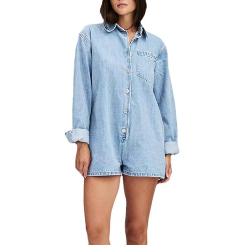 cffvdiz Frauen Preppy Langarm Denim Strampler Knopf Vorne Revers Lose Straight Leg Jean Overall Shorts,Light Blue,XL von cffvdiz
