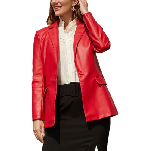 cffvdiz Frauen Single Button Faux Leder Blazer Jacke Einkerbte Revers Casual Arbeit PU Leder Outwear Mantel,Rot,XXL von cffvdiz