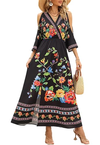 cffvdiz Frauen Sommer Printed Swing Kleider Sexy Wrap V Neck 3/4 Ärmel Floral Print Schlitz Strand Urlaub Maxi Kleid,Schwarz,M von cffvdiz