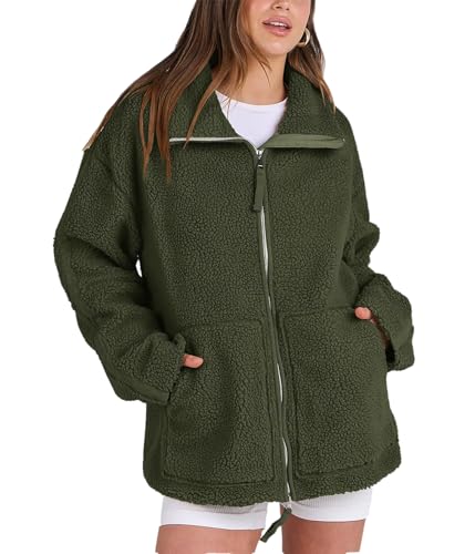 cffvdiz Frauen Zip Up Fuzzy Fleece Jacke Casual Langarm Sherpa Jacke Oversized Doppel Reißverschluss Warm Winter Teddycoat,Army green,M von cffvdiz