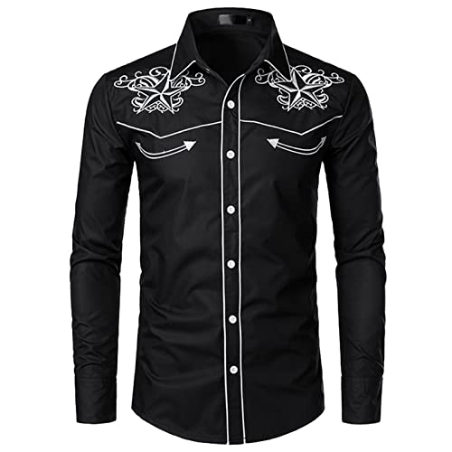 cffvdiz Herren Western Hemden Stickerei Langarm Button-Down Cowboy-Hemden,Schwarz,XXL von cffvdiz