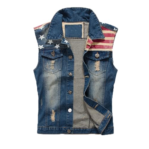 cffvdiz Jeansweste Für Herren Amerikanische Flagge Ärmellose Button Down Jeanshemdweste Jean Tanktops,Blau,5XL von cffvdiz