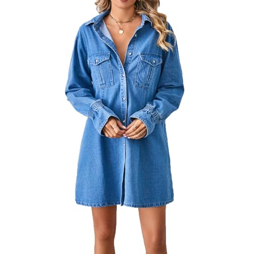 cffvdiz Langärmeliges Denim Hemdblusenkleid Für Damen Lässiges Lockeres Button Down Jean Hemdblusenkleid,Blau,L von cffvdiz