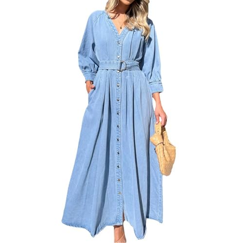 cffvdiz Light Blue,S, Damen Langarm Denim Maxi Kleider V-Ausschnitt Knopf Down A-Linie Denim Langes Kleid Mit Gürtel von cffvdiz