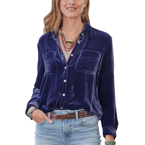 cffvdiz Lila,M, Samt Hemden Für Frauen Langarm Vintage Button Down Shirts Bluse Herbst Winter von cffvdiz