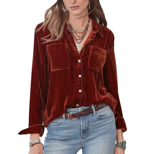 cffvdiz Rot,XL, Samt Hemden Für Frauen Langarm Vintage Button Down Shirts Bluse Herbst Winter von cffvdiz