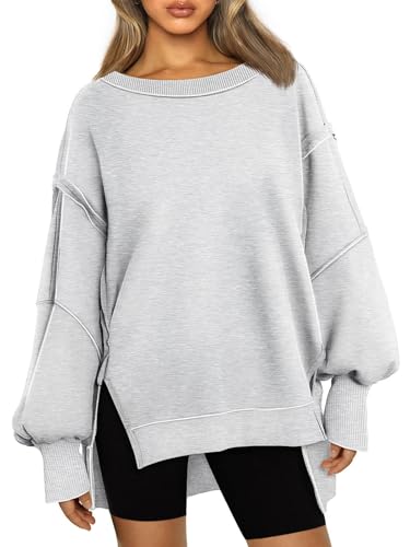 cffvdiz Übergroße Sweatshirt Für Frauen Crewneck Schlitz Seiten Patchwork Langarm Lose Y2K Pullover Tops,Grau,L von cffvdiz