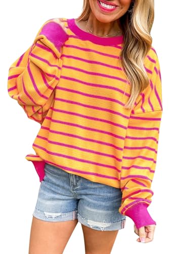 cffvdiz Übergroße Sweatshirt Für Frauen Crewneck Waffel Gestreifte Pullover Farbe Block Lose Fit Langarm Shirts Tops,Gelb,M von cffvdiz