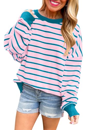 cffvdiz Übergroße Sweatshirt Für Frauen Crewneck Waffel Gestreifte Pullover Farbe Block Lose Fit Langarm Shirts Tops,Rosa,M von cffvdiz