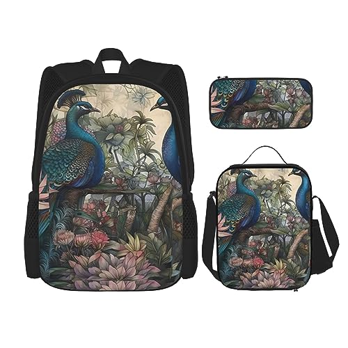 3 Stück Rucksack, Aquarell Pfauen Paar Blumen Rucksack Mittagessen Tasche Bleistift Fall Reise Laptop Rucksack Büchertasche Lunchbox Thermo Kühler Tote Bag Kulturbeutel Für Reisen Arbeit Picknick von cfpolar